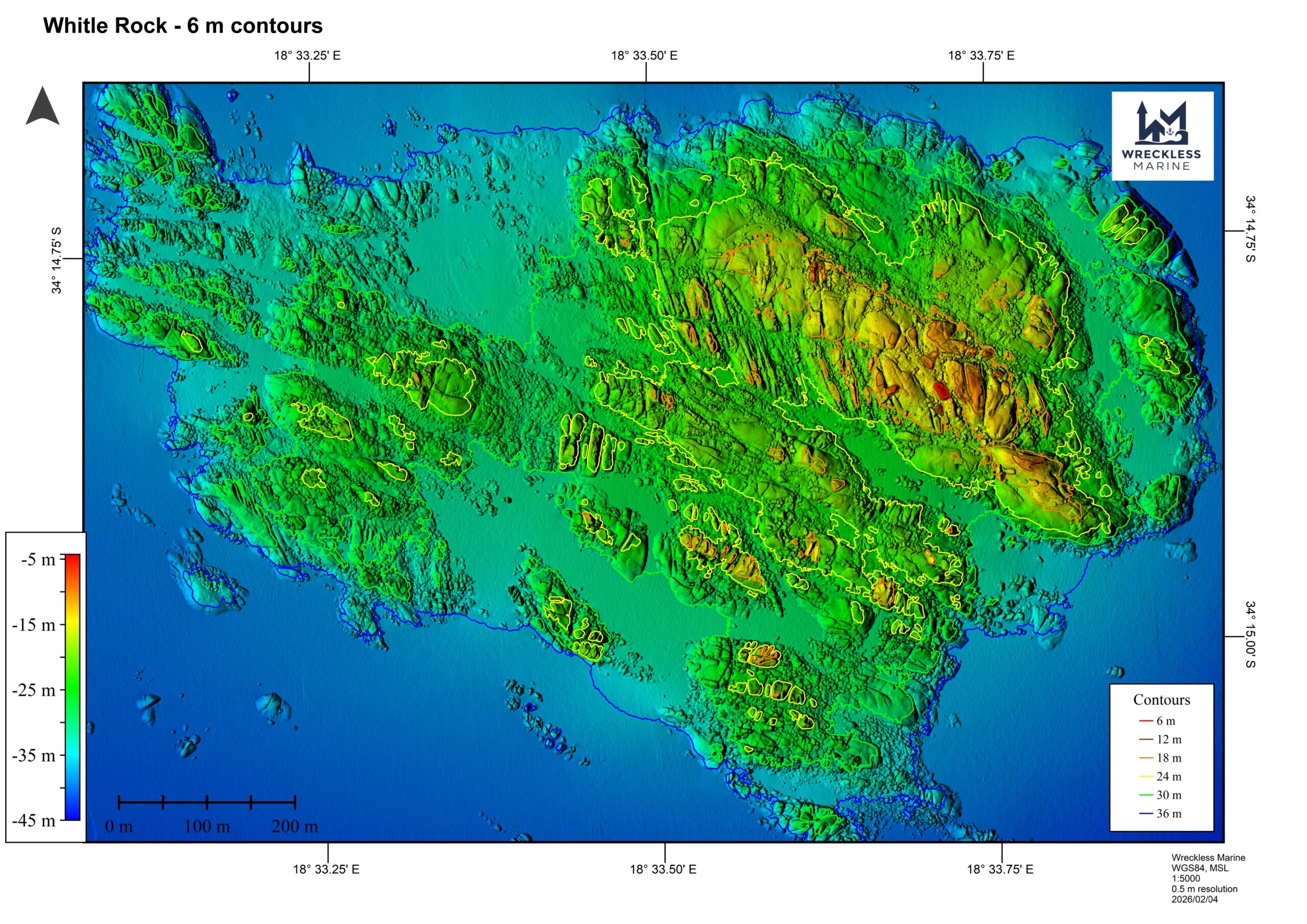 Whittle Rock - contours (6m) colour Wreckless Marine map of Whittle Rock