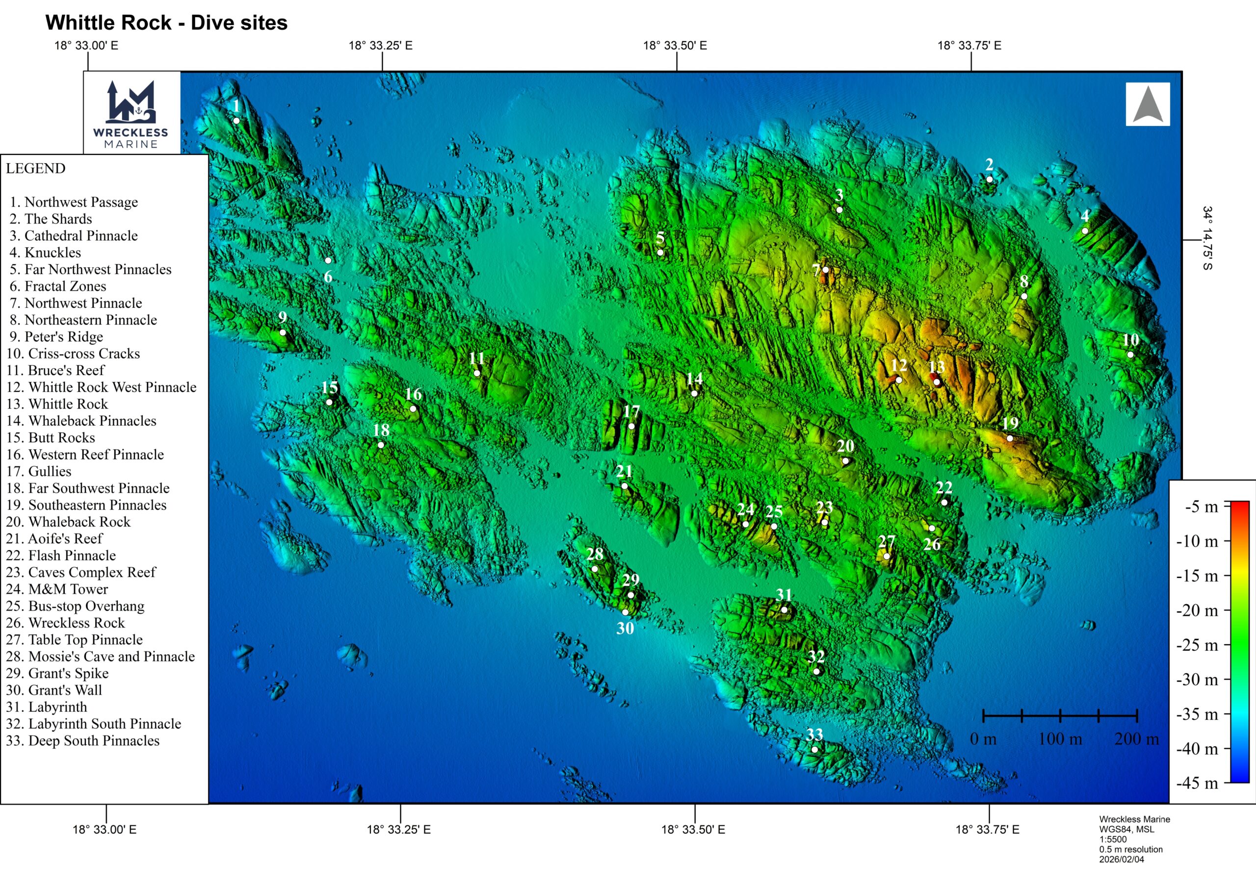 Whittle Rock - dive sites Wreckless Marine map of Whittle Rock